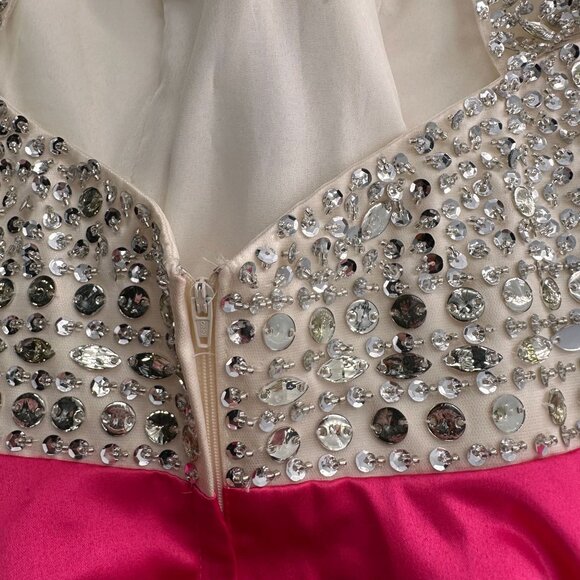 Beaded Rhinestone Bodice Pink Skater Dress Open Back Sleeveless Design Embellish - Picture 7 of 11